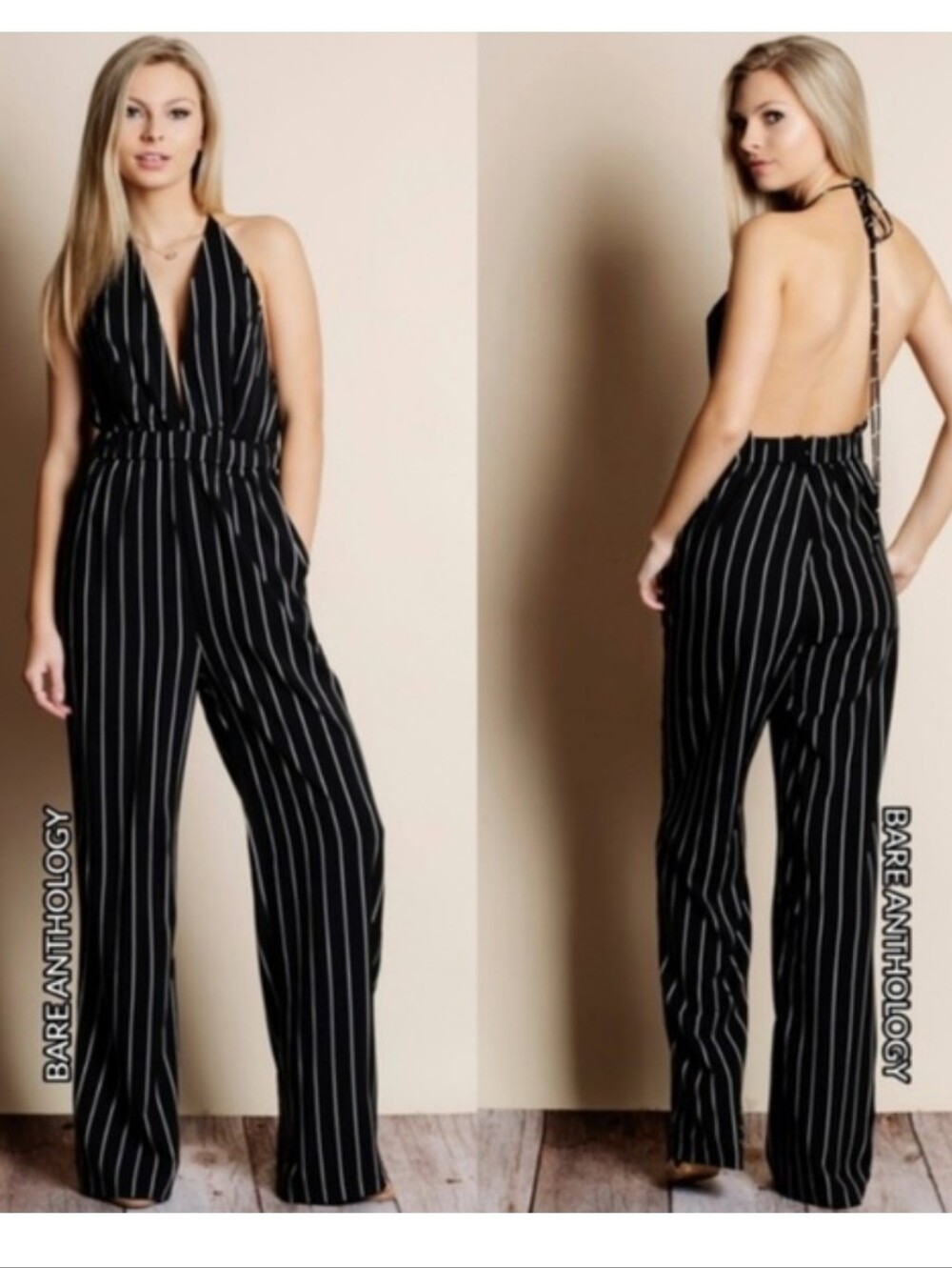 Nwt HERA LULUS Black Stripe Halter Backless Jumpsuit 90s Y2K wedding Grunge